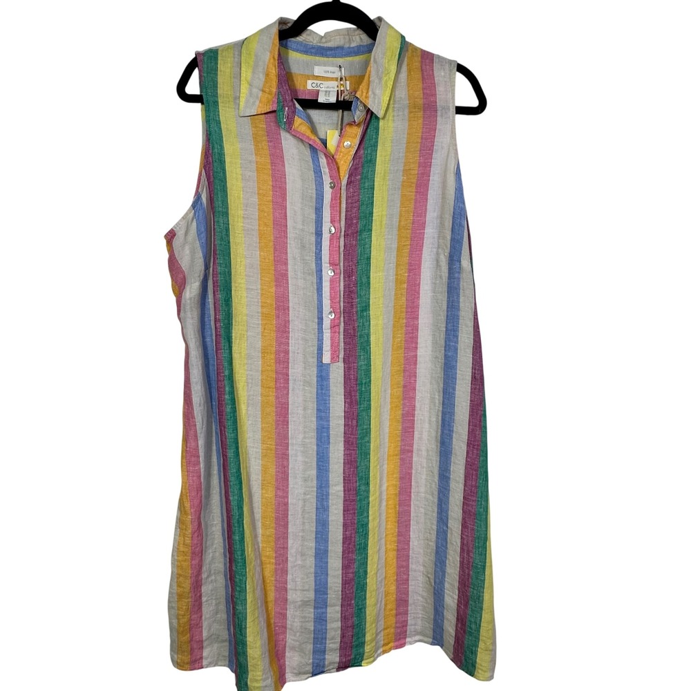 C&C California Womens 1X Linen Shirt Dress Sleeveless Multicolor Stripe NWT - Picture 2 of 16